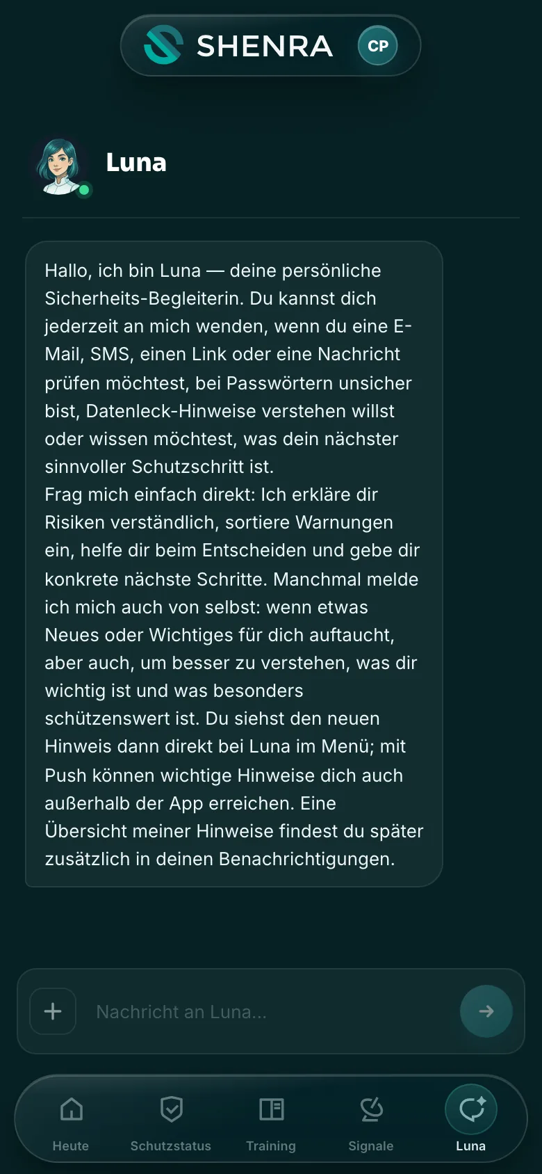 Luna-Ansicht: Chat mit der persönlichen Sicherheitsbegleiterin