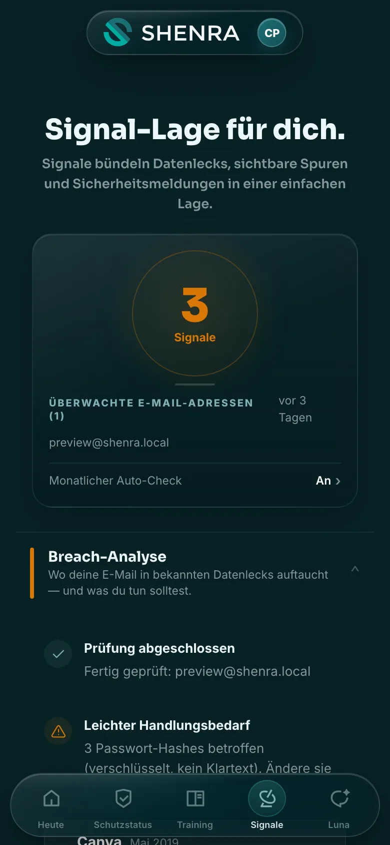 Signale-Ansicht: überwachte E-Mail-Adressen und Breach-Analyse