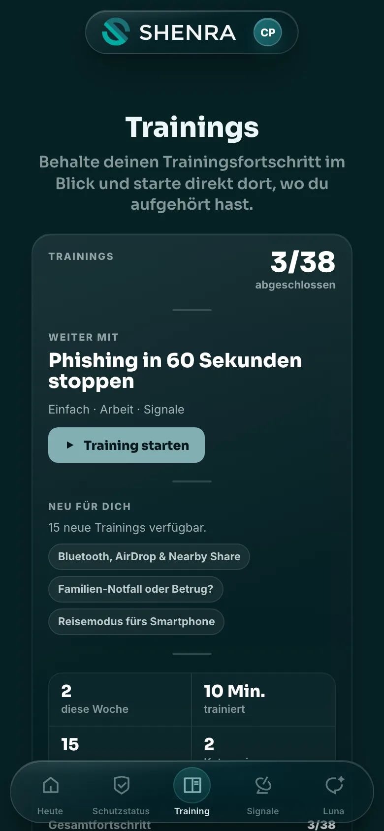 Training-Ansicht: Fortschritt 3 von 38 und nächstes Training